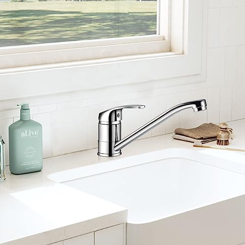 Kitchen Sink Mixer Tap, Single Top Lever Swivel Long Spout Monobloc Hot and Cold Water Kitchen Faucet Chrome Kitchen Tap with 2 Hoses