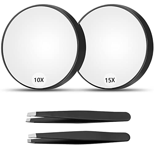 JETOHIX 4 PCS Magnifying Mirror and Tweezers Kit 10X 15X Travel Magnifying Mirror Magnified Makeup Mirror with suction cups for Makeup,Eyebrow Tw