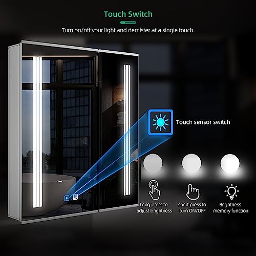 LUMIRRORS® LED Bathroom Mirror Cabinet 60x70cm with Shaver Socket Dimmable Brightness Touch-Switch Anti-fog 2-door Adjustable Shelves IP44 Illumi