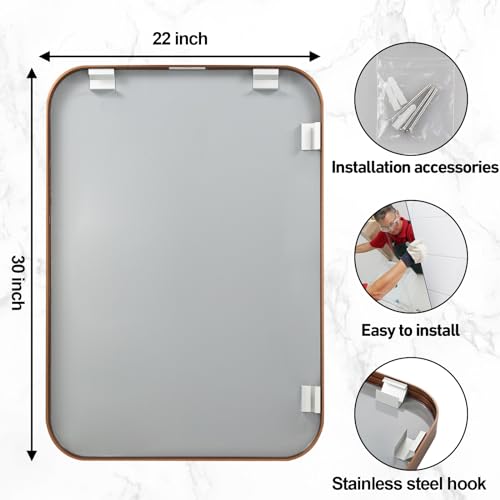 JENBELY 22x30 Inch Bronze Bathroom Mirror, Brushed Brass Gold Metal Framed Rectangular Mirror with Rounded Corner, Bathroom Vanity Mirror for Bed