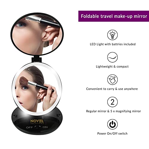 iTrend Folding Makeup LED light Round Dual Handy Mirror – Travel Ease Handheld – For Pocket, Purse, Office, Car, Gift