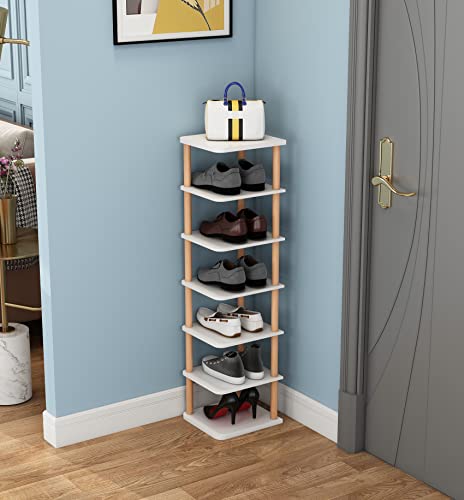 LUCKNOCK 7 Tiers Vertical Shoe Rack, Narrow Shoe Organizer, Stylish Wooden Shoe Storage Stand, Space Saving Shoe Shelf, Shoe Tower, Free Standing