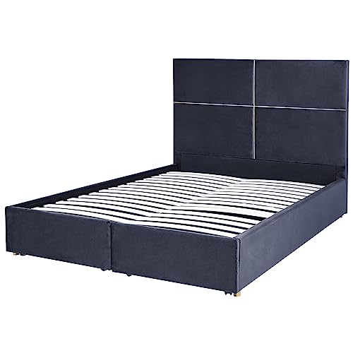 Velvet Bed Frame EU Double Size with Storage 4ft6 Black Slatted Base Vernoyes