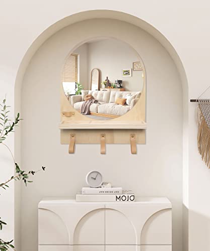 Gronda Bathroom Mirror with Shelf, Kids Wall Hanging Mirror Wood Framed Mirror 48x36CM Entryway Home Organizer Arched Wood Boho Storage Circle Mi