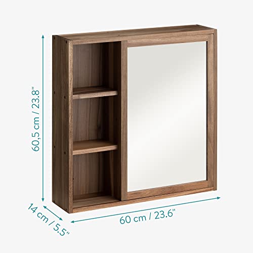 Navaris Wooden Bathroom Cabinet - Acacia Wood Cupboard with Mirror & Shelves - Wall Mounted Storage Unit for Bath Room or Restroom - 60.5 x 60 x