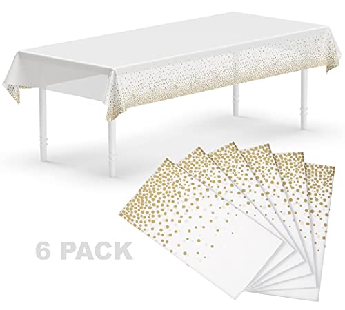 Neatiffy 6 Pack Plastic Table Cloth Picnic/Party/Banquet, Disposable/Reusable Table Cover (White Golden Dot)