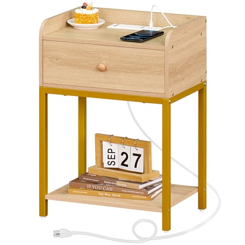 Lerliuo Nightstands Set of 2 with Charging Station and USB Ports, 3-Tier End Side Table with Storage Drawer and Shelf, Modern Bedside Night Stand