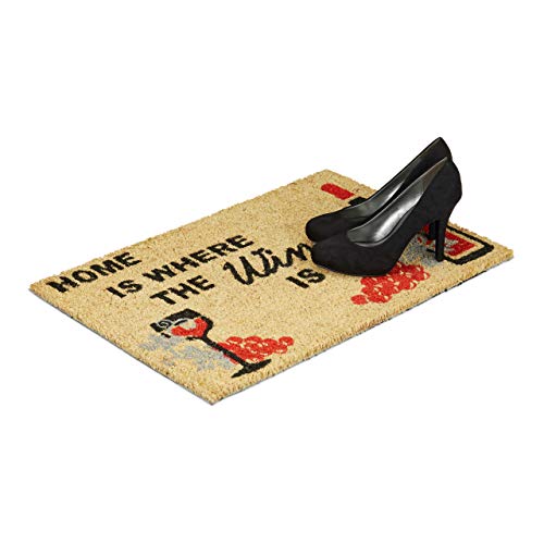 Relaxdays "Home Is Where the Wine Is" Doormat Coir Floor Mat 40 x 60 cm with Anti-Slip PVC Underside, Coconut Fibre Wine-Lovers Welcome Mat, Natu