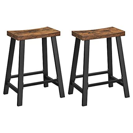VASAGLE Bar Stools, Set of 2, Saddled Seat, Sturdy Steel Frame, 60 cm High, for Kitchen, Dining Room, Office, Industrial Style, Rustic LBC074B01,