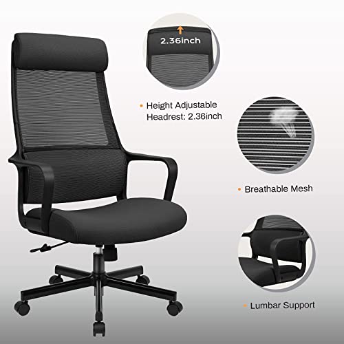 MELOKEA Office Chair, Ergonomic Desk Chair C-Curved Lumbar Support Adjustable Headrest, Mesh High Back Computer Chair for Home Office, Comfortabl