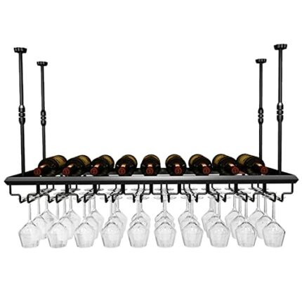 Wine Rack, Hanging Wine Glass Holder, Vintage Wine Bottle Holder Ceiling Decoration, Adjustable Height for Kitchen & Bars (Black,60/80/100/120cm)