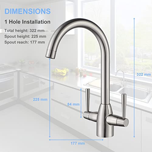 NewEast Kitchen Taps,Modern Double Handle Kitchen Mixer Sink Tap Swivel Spout Brushed Nickel