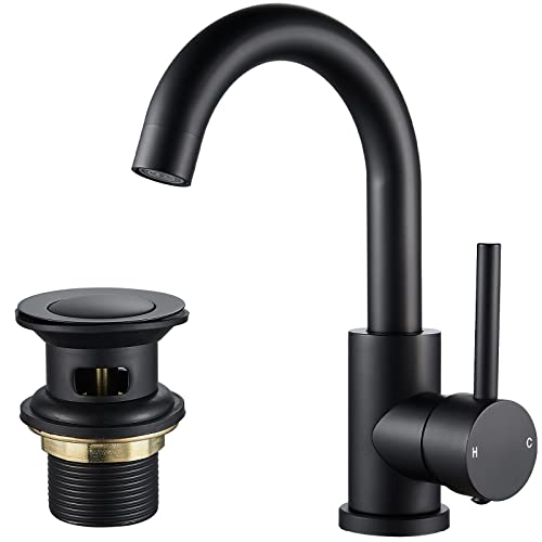 NewEast Basin Mixer Tap with Pop up Waste and Swivel Spout, Modern Black Brass Single Lever Bathroom Sink Tap Mixer