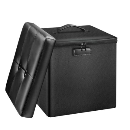 Tamfile Storage Ottoman, Fireproof Folding Foot Rest Stool with Lid, 33 x 33 x 33cm Cube Faux Leather Waterproof Footstool with Lock and Handle f