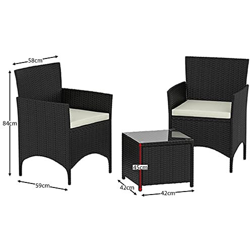 Garden Vida Bali 2 Seater 1 Square Table Rattan Set With Cushions Outdoor Garden Patio Furniture 3Pcs (Black)