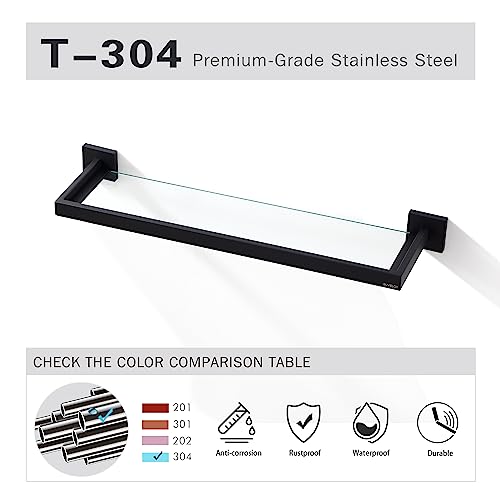 BUVELOT Bathroom Glass Shelf,Rectangular Glass Shower Shelf Black Wall Mounted,Tempered Safety Ultra Clear Glass Shelf 8mm Thickness, Matte Black