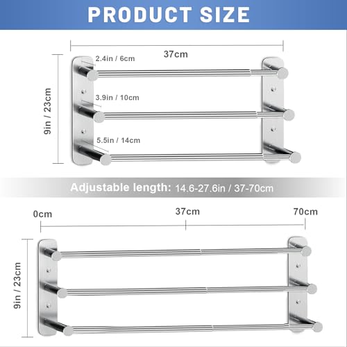 Otoomenz Towel Rail Wall Mounted 3-Tier Towel Rack, SUS 304 Stainless Steel Towel Shelves, Towel Bar Towel Storage 2 Installation Methods Adjusta