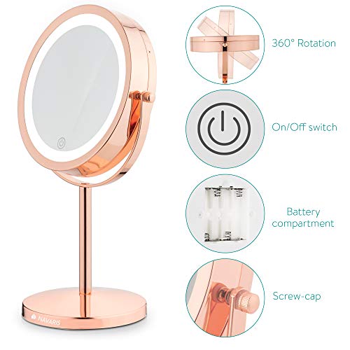 Navaris LED Illuminated Makeup Mirror - Two-Sided Vanity Mirror with Normal and 5x Magnification - 360° Cosmetic Mirror with Touch Screen - Coppe