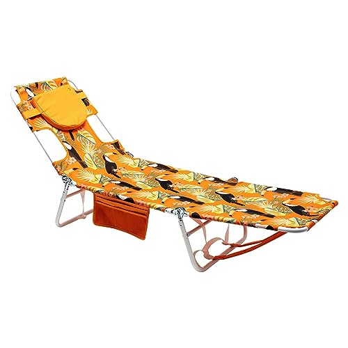 SUNNYFEEL Folding Camping Chairs Reclining Beach Chair Sun Lounger Lay Flat Tanning Portable with Removable Headrest Pillow Face Hole for Outdoor