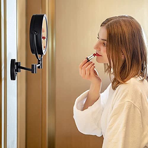 DOWRY Wall Mounted Magnifying Mirror with Light 1x/7x Black Bronze Extendable Illuminated Shaving Mirror 360 ° Rotatable Double Sided Mirror,Diam