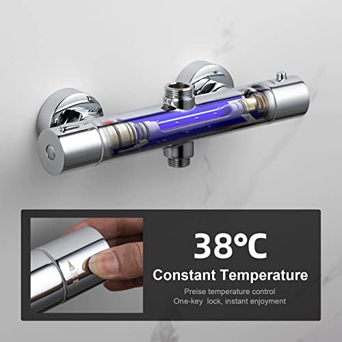 GRIFEMA G17005 Thermostatic Shower Mixer Bar Two Outlet, Wall Mounted Shower Mixer Tap,Anti-Scald, with TOP 3/4" and Bottom 1/2" BSP, Chrome,Silv