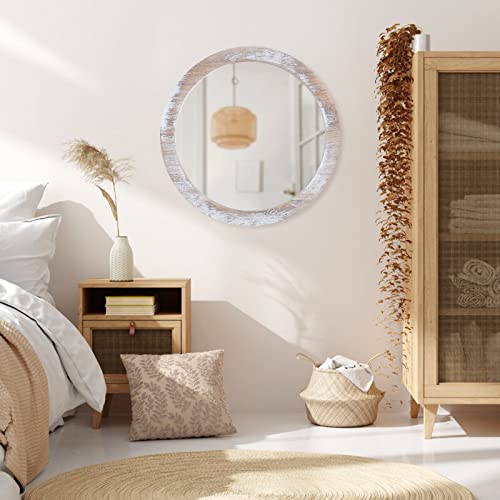 JJUUYOU Rustic Circle Wall Mirror 50CM for Home Decor Rustic White Round Mirror for Bathroom Wall decor Wood Frame Mirror for Living Room, Bedroo