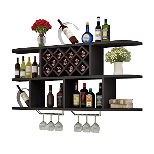 EYLINK Wall Mounted Wine Rack, Industrial Vintage Hanging Wine Shelf, Solid Wood Wine Rack with Stemware Glasses Holder, Multipurpose Storage Dis