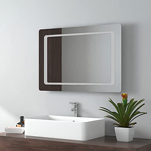 EMKE 700 x 500mm LED Illuminated Bathroom Mirror with Shaver Socket | Sensor Switch | Demister Pad, Wall-Mounted Vanity Multifunction Mirror, Ene