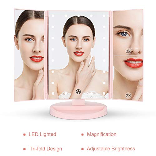 deweisn Tabletop Mount Tri-Fold Lighted Vanity Mirror with 21 LED Lights, Touch Screen and 3X/2X/1X Magnification, Two Power Supply Modes Make Up