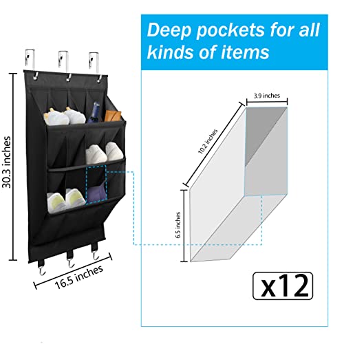 coastal rose Over the Door Shoe Organizer, Hanging Shoe Rack Organizer for Closet Door with 12 Deep Pockets & 3 Metal Hooks, 3-Tier Hanging Shoe