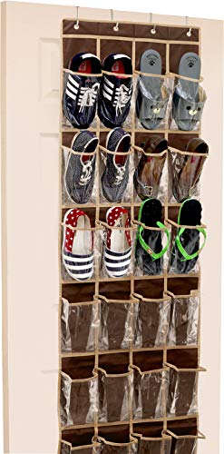 Simple Houseware 24 Pockets - Crystal Clear Over The Door Hanging Shoe Organizer, Pink