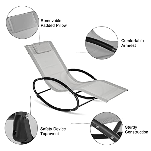 Stream Garden Rocking Chair, Outdoor Zero Gravity Rocker Sun Lounger Chair with Removable Pillow, Heavy Duty Textilene Patio Chaise Lounge Chair