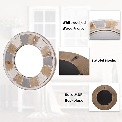 SeekElegant 12 Inch Rustic Wood Mirror, Small Round Wall Mirror, Rustic Farmhouse Wall Mirror with Whitewashed Frame, Decorative Mirrors for Wall