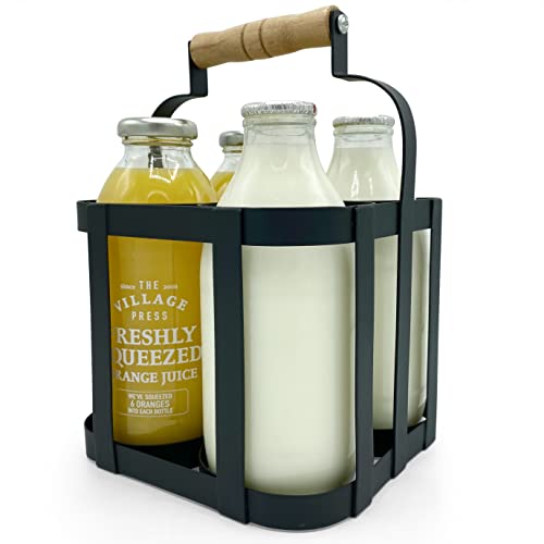 Milk Bottle Holder Doorstep in Black Metal with Wooden Handle - Carrier Fits 4 Standard Pint Sized UK Milk Bottles Vintage Retro Traditional Desi