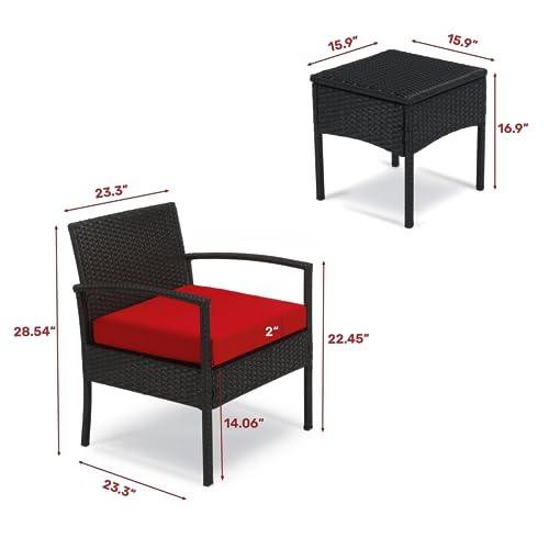 GEAREDEN 3 Pieces PE Rattan Wicker Chair Set Outdoor Patio Rattan Wicker Funiture Set, Conversation Sets with Coffee Table (Red)