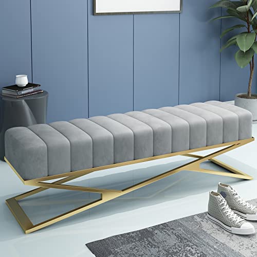 Modern Velvet Upholstered Entryway Bench, X-Shaped Metal Base, Luxury Plush Bedroom Bench Seat, Decorative Tufted Accent Shoe Bench For Living Ro