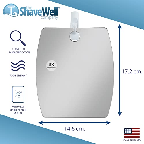 Shave Well 5X Magnified Fog Free Shower Mirror - Fogless Bathroom Shaving Mirror - for Men and Women - Large - Removable Adhesive Hook