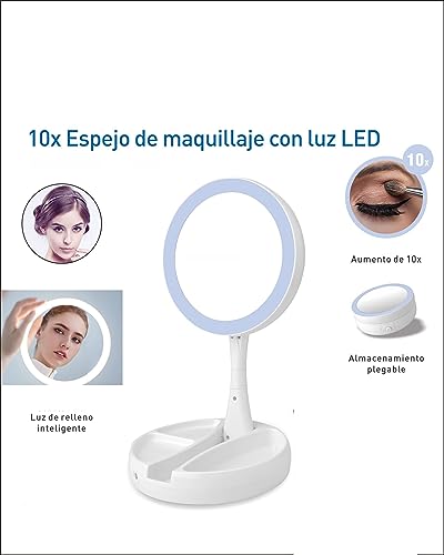 Cosmetic Mirror with LED Light and Organizer Makeup Mirror with Double Sided and 10X Magnification Mirror for Lighted Makeup, Shaving and Persona