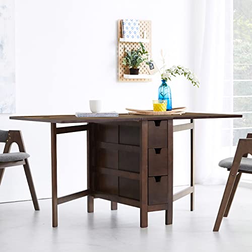 Livinia Wings Gate-Leg Wooden Dining Table, Solid Hardwood Expandable Drop Leaf Space Saving Kitchen Table with Drawers Fully Assembled(White)