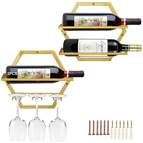 Giyiprpi 2Pcs Wall Mounted Wine Bottle Stemware Rack, Metal Hanging Wine Display Holder with 3 Stemware Glass Organizer, Red Wine Racks for Home