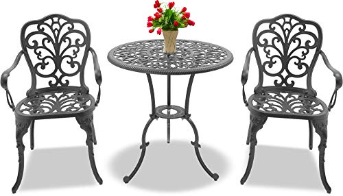 Homeology BANGUI Luxurious Garden & Patio Table & 2 Large Chairs with Armrests Cast Aluminium Bistro Set Grey