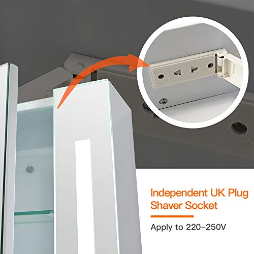 KAASUN Wall Mounted LED Bathroom Mirror Cabinet Sensor Switch and Shaver Socket Multifunctional Intelligence Storage Cabinet 650x600x125mm White