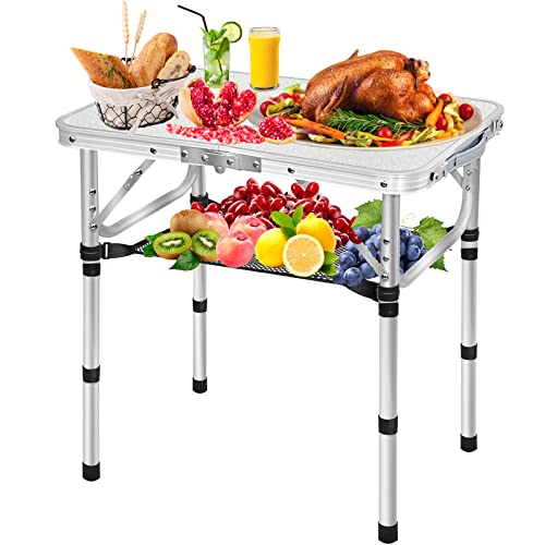 MYCOQU Small Folding Camping Table, 3 Heights Adjustable Portable Camp Tables, 2ft 23.6''L x 15.7''W Aluminum Lightweight Picnic Table with Mesh