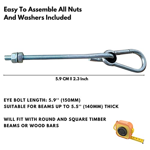 Pair of Heavy Duty Swing Hook Hangers 150mm Long M10 Galvanized - Hammock Hooks Heavy Duty with Stainless Steel Carabiner, Nuts and Washers - Gar