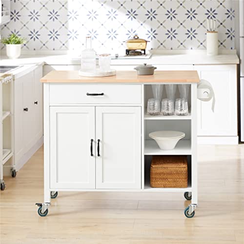 DINGZZ Design Kitchen Trolley with Worktop Kitchen Island Kitchen Cabinet Trolley Sideboard on Wheels White Natural