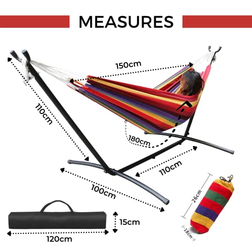 Hammock with Stand Included (250 cm) and Carry Case, Multi-Coloured Cotton Hammock for Garden, Terraces, Travel, Camping (Weight up to 150 kg)