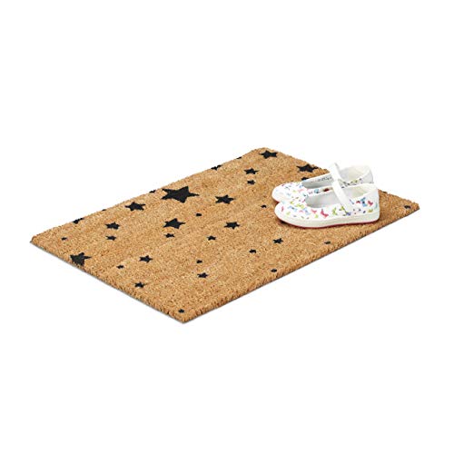 Relaxdays Doormat Star Pattern 40 x 60 cm Rectangular Coir Floor Mat with No-Slip PVC Underside, Door Mat made of Coconut Fibre Welcome Mat, Grey