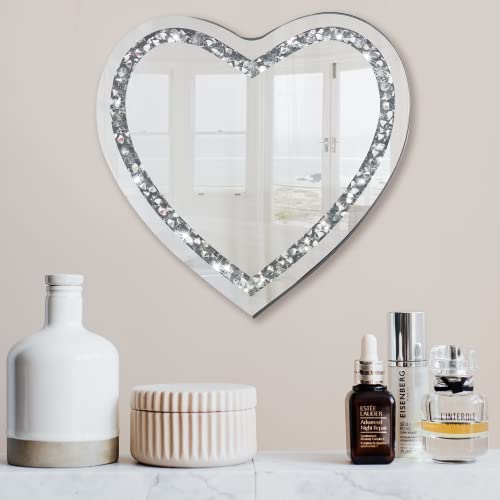 LXARTZJ Crystal Crush Diamond Heart Shaped Silver Mirror for Wall 20x20 inch Wall Hang Frameless Sparkly Mirror Glass for Bedroom, Living Room