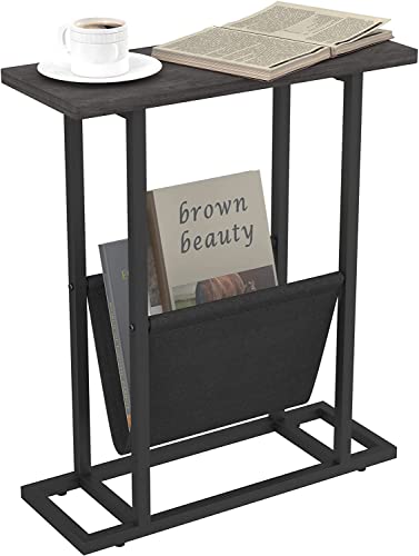 YUSONG H Vintage Narrow Side Table with Magazine Fabric Storage,Nightstand Modern Industrial Sofa End Table for Living Room, Bedroom, Grey Oak