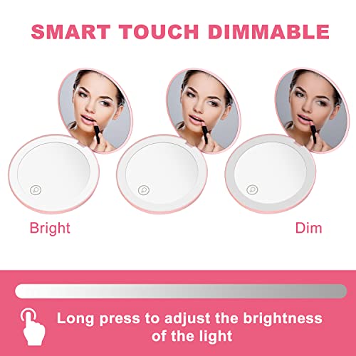 Sweetone Compact Mirror, LED Lighted Travel Makeup Mirror, 1X/10X Magnifying with Light, Small Pocket Mirror with 3 Colour Modes & Adjustable Bri